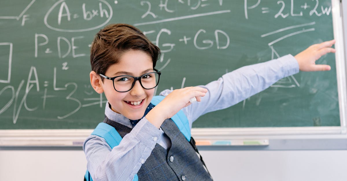 Smiling boy with backpack doing a playful pose in front of a chalkboard.