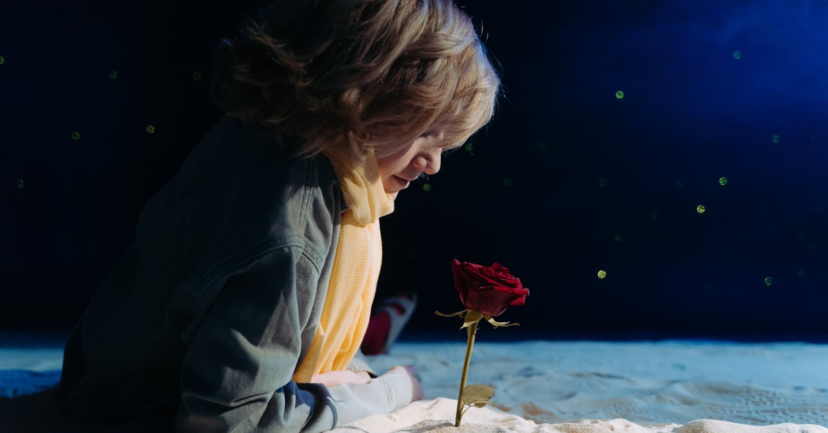 A child in cosplay as the Little Prince gazing at a single red rose against a starry night backdrop.